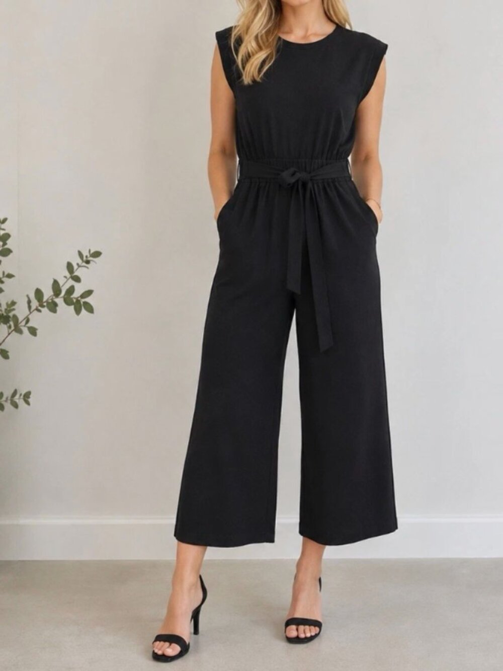 Calvin Klein Black Wide Leg Jumpsuit Tie Waist Cap Sleeve